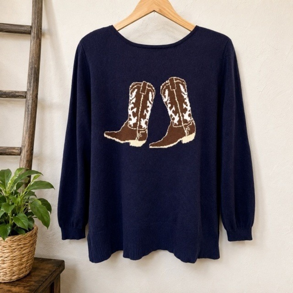 Astrologie Cowgirl Boots Sweater Womens XL Navy Blue Western Intarsia Knit